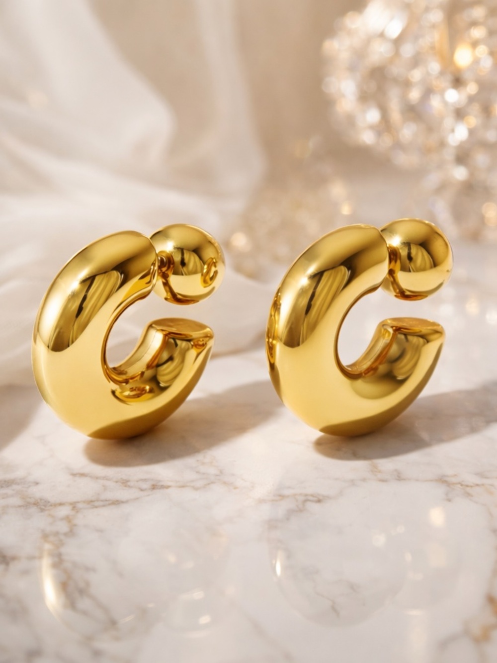 Chunky Gold tone dome Hoop Earrings | Bold Sculptural Statement Earrings